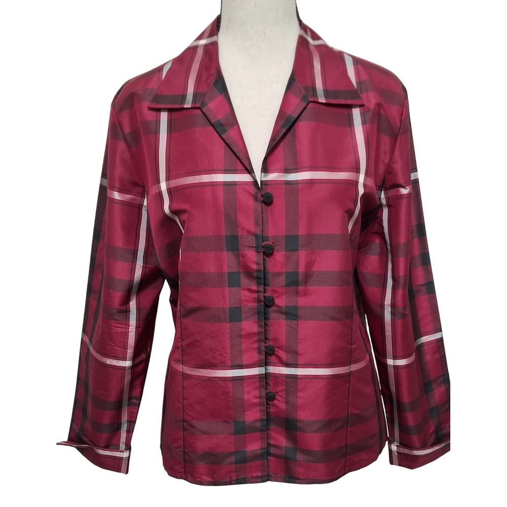 Jones New York Petite 100% Silk Red Black Plaid Button Front Blouse Size 12P